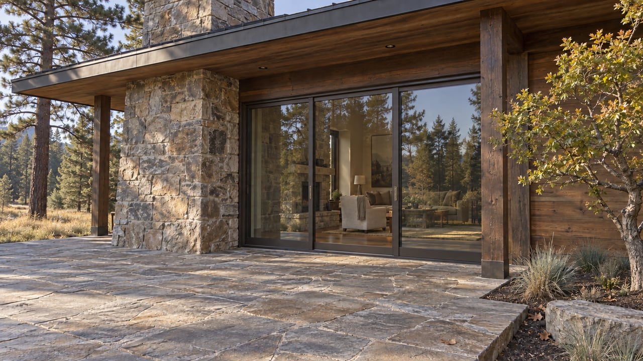 Bronze-framed glass sliding doors reflect pine trees beside a sandstone patio and oak-floored living room.