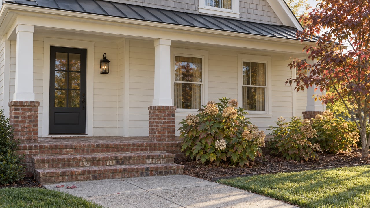 Pale lap-sided home with a covered brick porch, white columns, and an autumn dogwood beside the front steps.