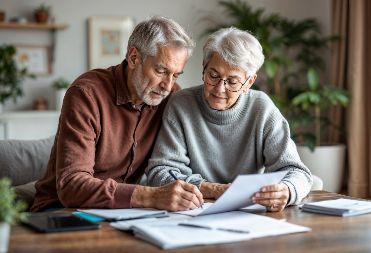 An older couple sits at a table, intently reviewing documents on a career resources platform. Surrounded by papers and electronic devices, they are immersed in their work. The room exudes a bright, cozy ambiance with plants adding to the refreshing atmosphere.