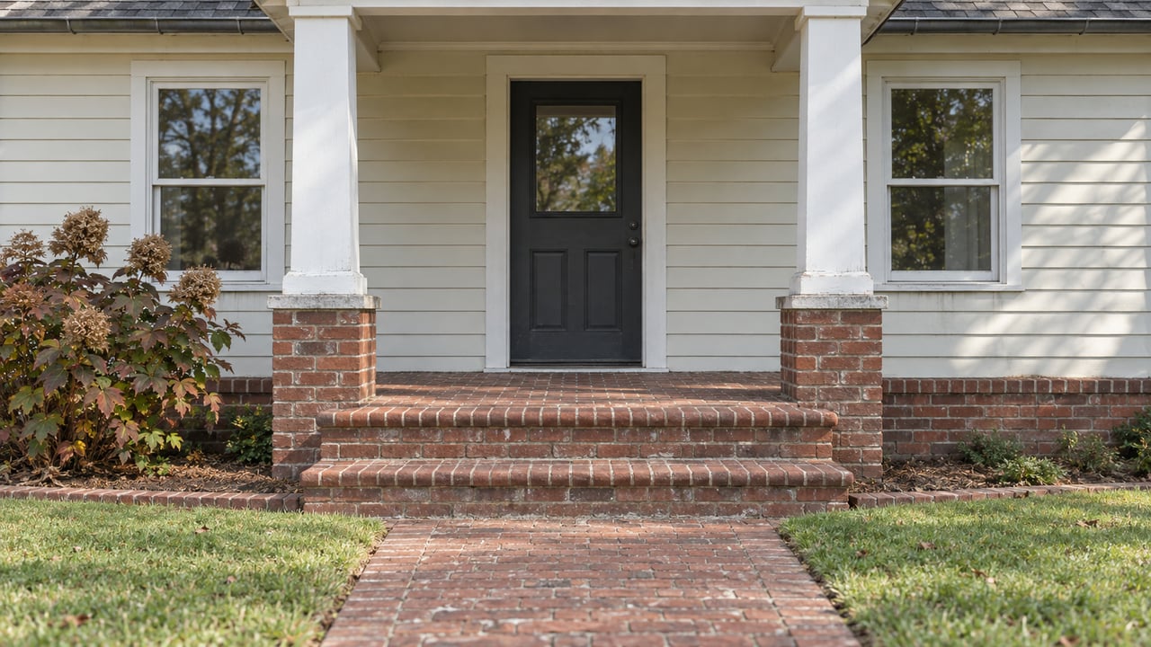 A traditional home's cream-sided porch with white columns, worn brick steps, a charcoal door and autumn oakleaf hydrangea.