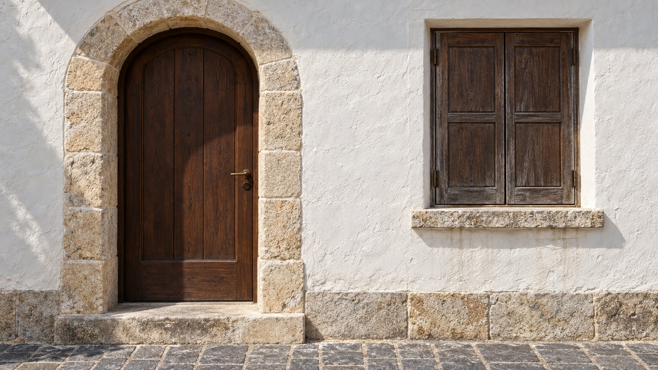 White limewashed masonry facade with a limestone arch, dark teak entry door, paired teak window shutters, and a worn stone doorstep above basalt paving.