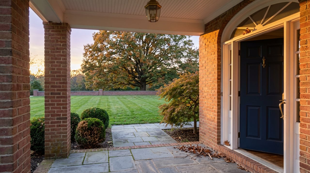 Open navy door beneath a fanlight, framing a bluestone stoop, lawn, and mature oak.