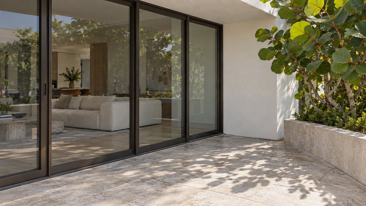 Condominium terrace with closed bronze-framed glass doors, limestone paving, and a leafy planter.