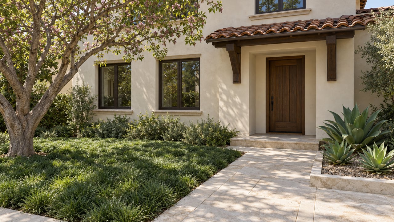 Ivory stucco home with a recessed wood entry, terracotta eaves, and a limestone path crossing a planted front garden.