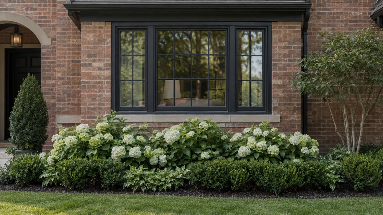 White six-over-six window in a red-brown brick facade, above copper-tipped hydrangeas and a limestone-edged lawn.