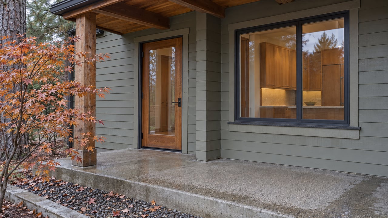 Covered home entry with gray-green siding, weathered timber eaves, closed glazing and copper maple leaves beside a damp concrete landing.