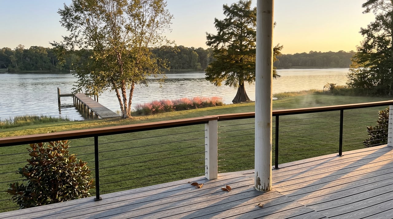 Weathered deck overlooks a sloping lawn, dock, and rippling water framed by cypress and river birch trees.