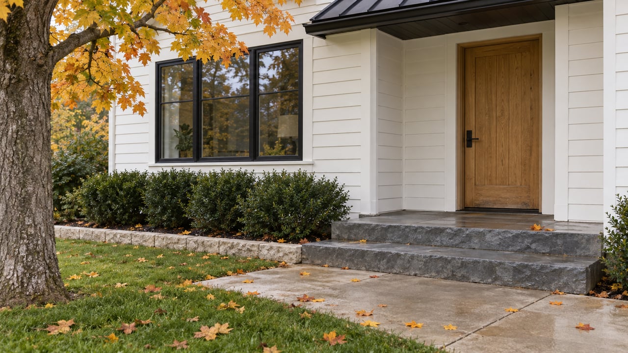 White-sided home entry with an oak door, stone steps, and amber maple leaves on the walk.