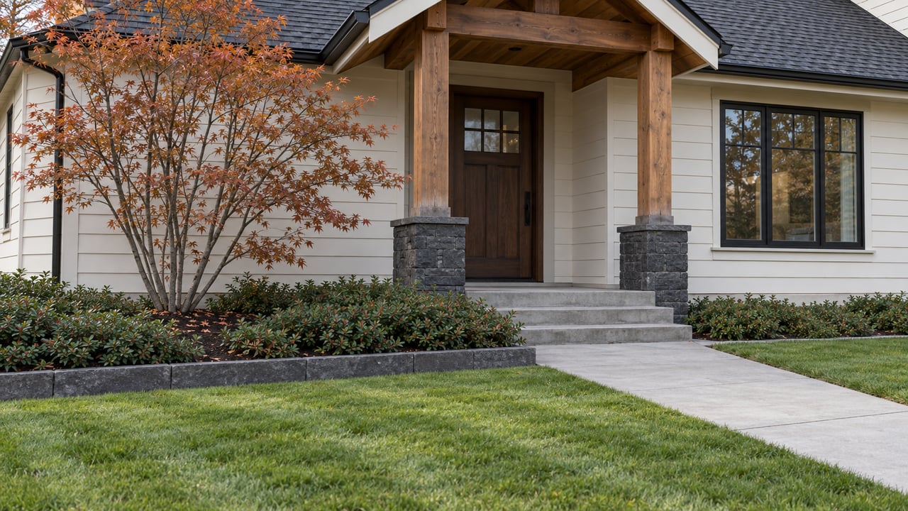 Detached house entrance with a recessed cedar porch, charcoal-shingle gable, and diagonal concrete walkway through the lawn.