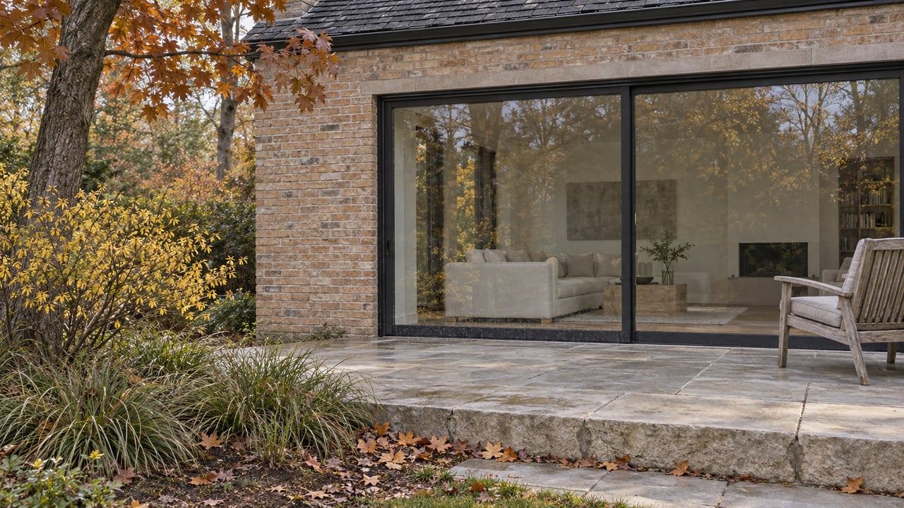 Buff-brick home with black-framed glass doors, a limestone terrace and autumn planting.