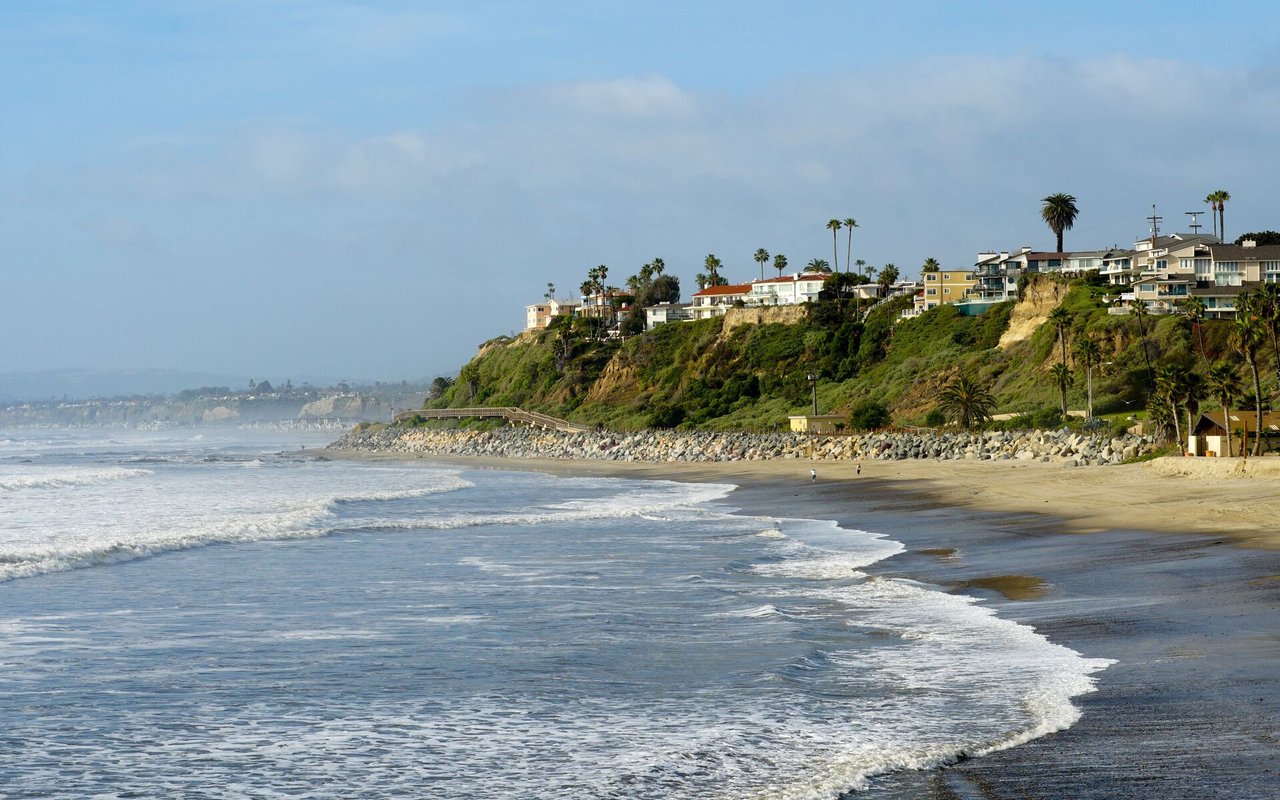 Waves wash along a sandy beach below a bluff lined with homes and palm trees.