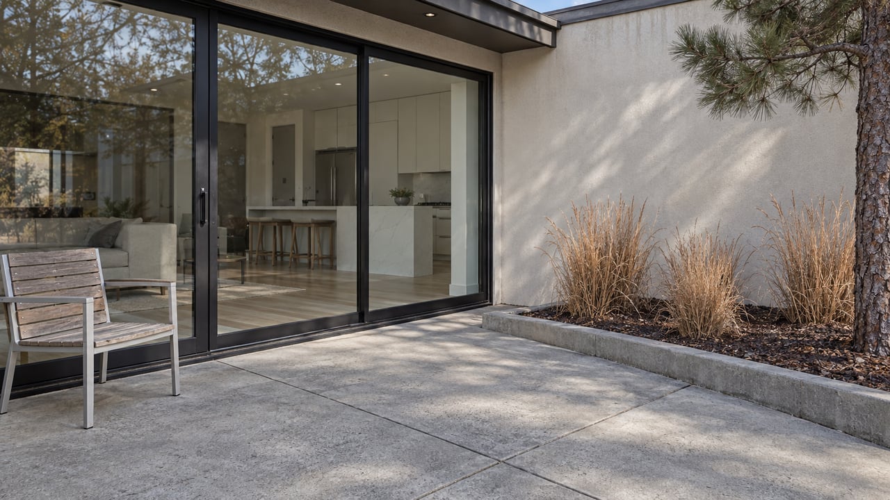 Low winter sunlight on a concrete patio beside closed black-framed glass doors, pale stucco, a teak chair and dormant little bluestem.