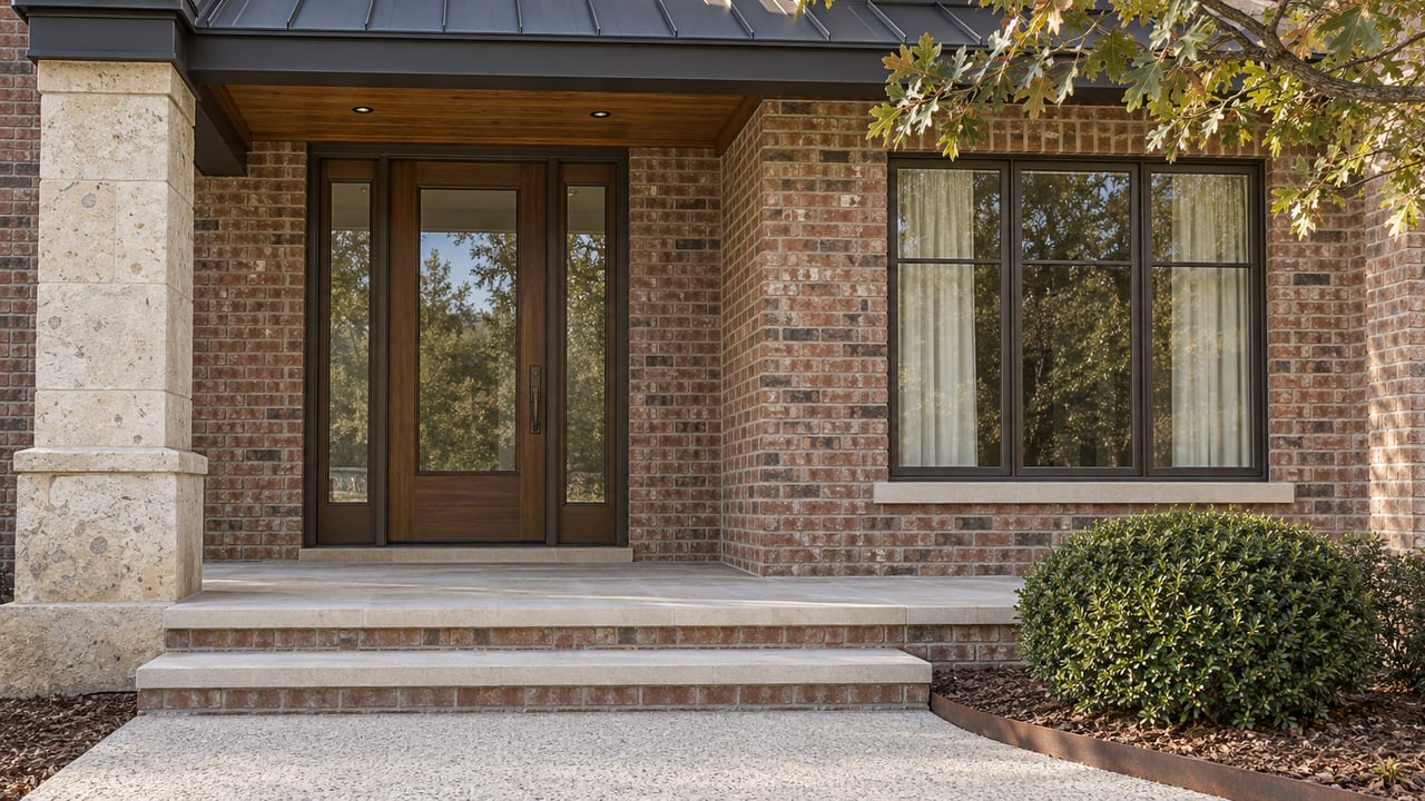Brick and limestone home entrance with a walnut glazed door, covered timber porch and broad stone steps in afternoon light.