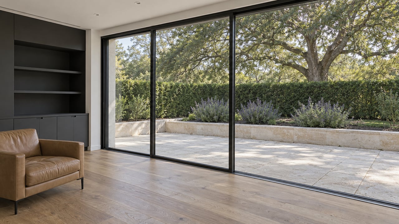 Light oak living-room floor and charcoal built-ins beside closed sliding glass doors overlooking a limestone terrace and an oak tree.