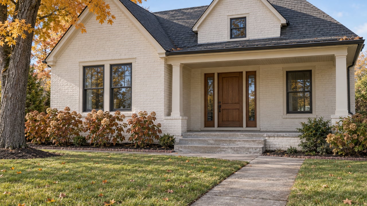 Ivory painted-brick home with steep gables, an oak entry door and covered porch beyond a deep autumn lawn.