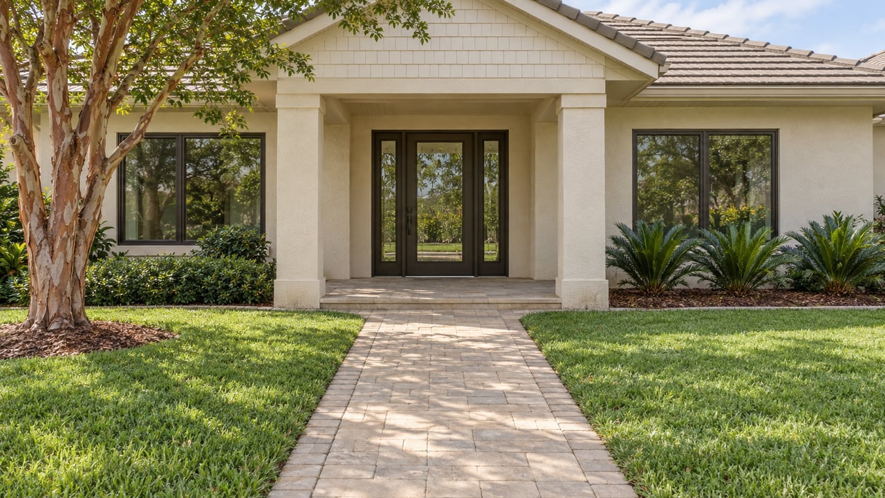 Pale stucco home with a gabled covered entrance, bronze-framed glazing, a paver approach and carefully spaced native planting.