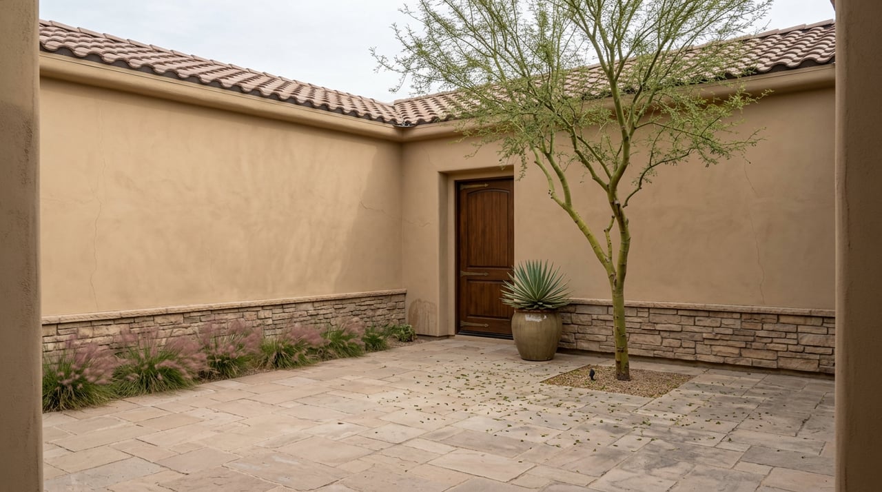 Recessed paneled wood door in a sand-colored courtyard, beside a blue agave and green-gold palo brea tree.