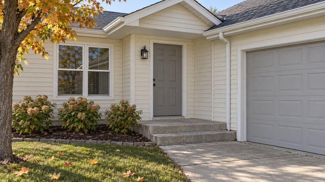 Autumn sunlight on a modest gabled home's front entry, concrete steps, pale siding and a maple beside a bordered hydrangea bed.