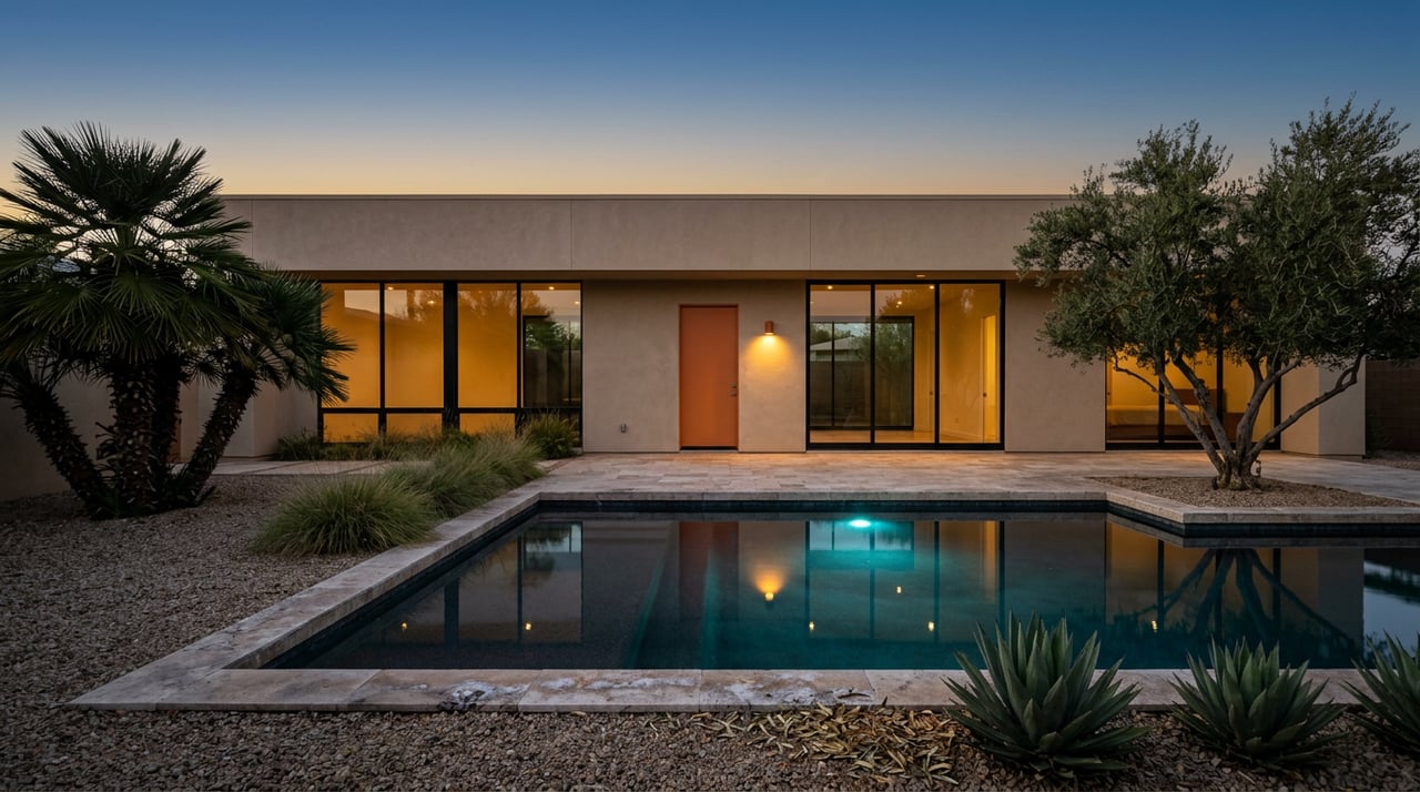 Modern plaster home with an orange door and glowing windows across a reflecting pool, framed by desert plants at dusk.