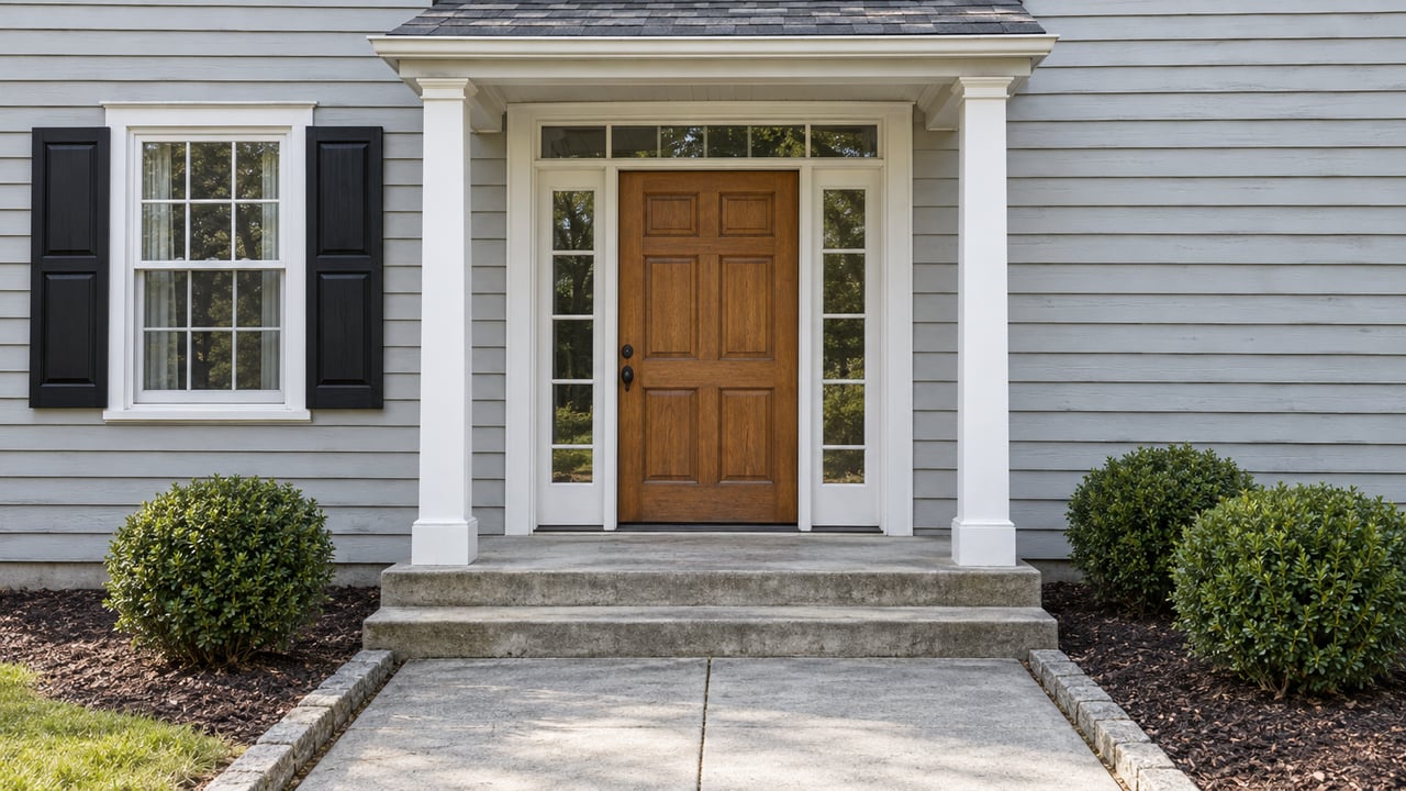 House entrance with a wooden front door, white columns, and concrete steps.