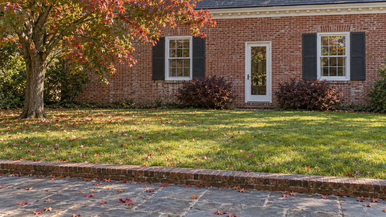 Brick house behind a broad lawn, with a bluestone terrace and a tree bearing copper-red and green leaves.