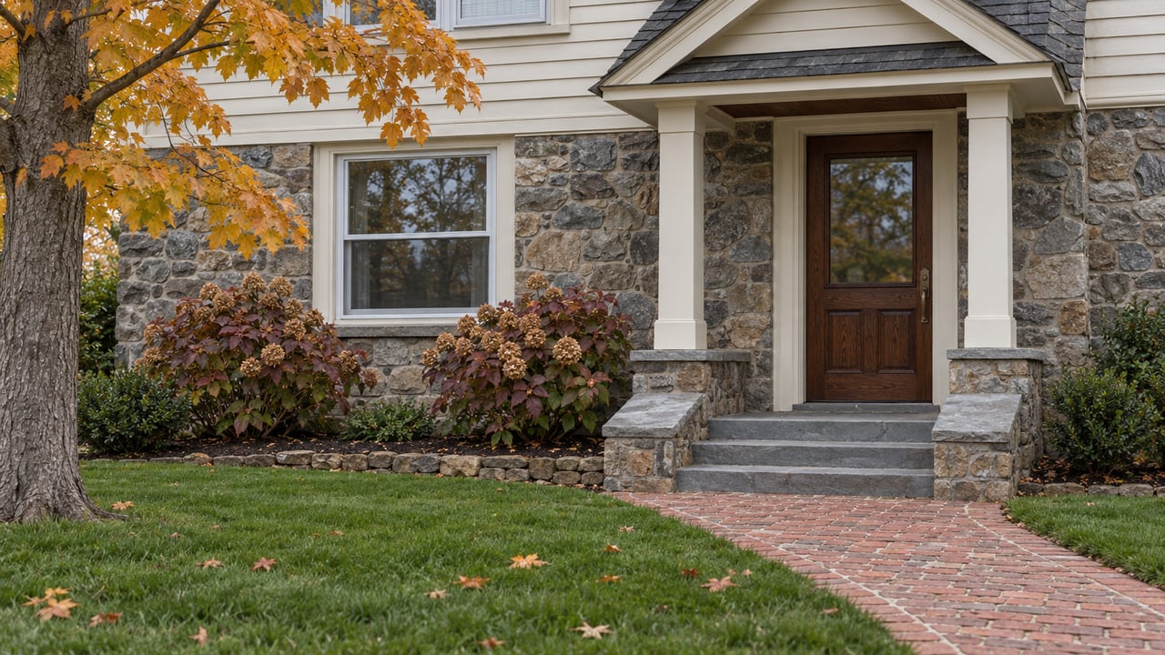 Traditional home entry with fieldstone walls, cream clapboard siding, an oak door and a brick walk across an autumn lawn.
