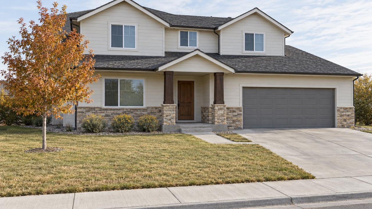 Cream-sided gabled house with a covered stone-base porch, attached garage, broad driveway and deep autumn lawn.