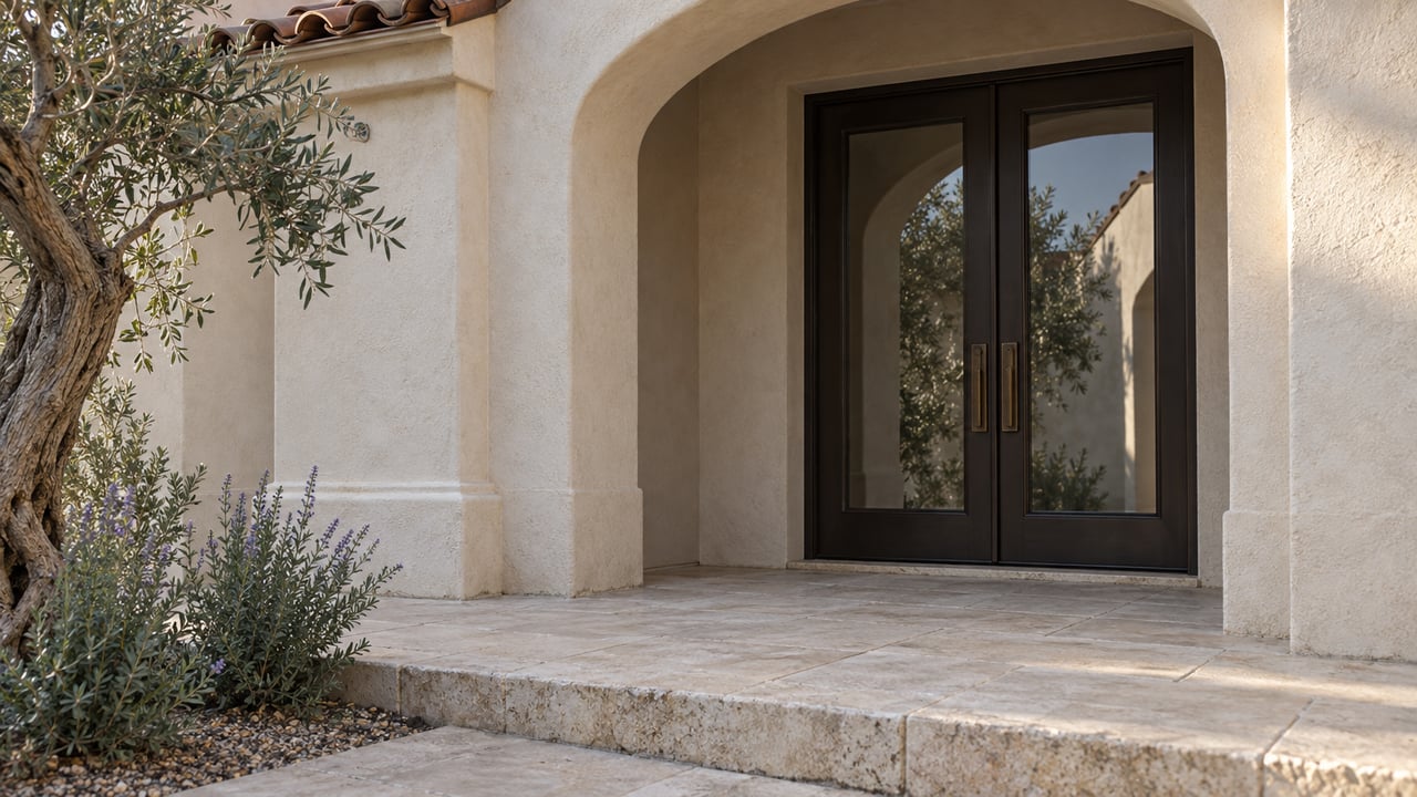 An arched ivory stucco entry with matching bronze-framed glass doors, weathered clay tiles and a limestone landing beside an olive tree.