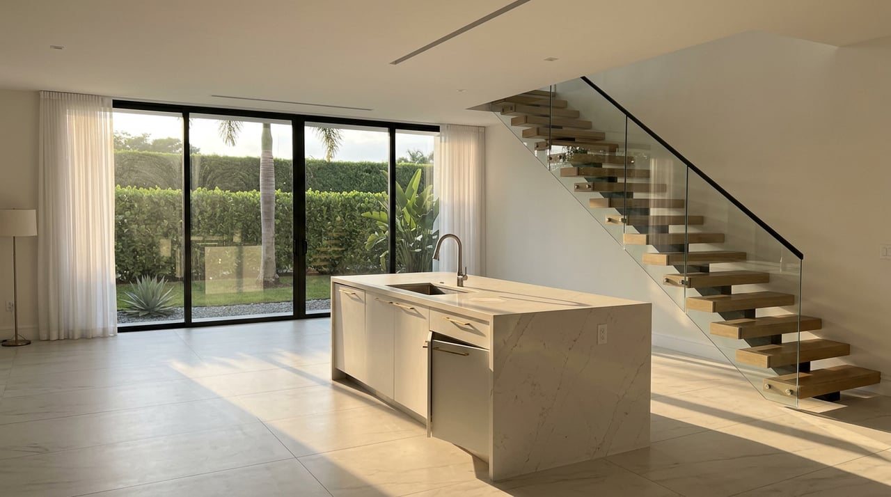 Great room with a veined quartz island, floating oak stairs, and a glass wall overlooking a clipped hedge.