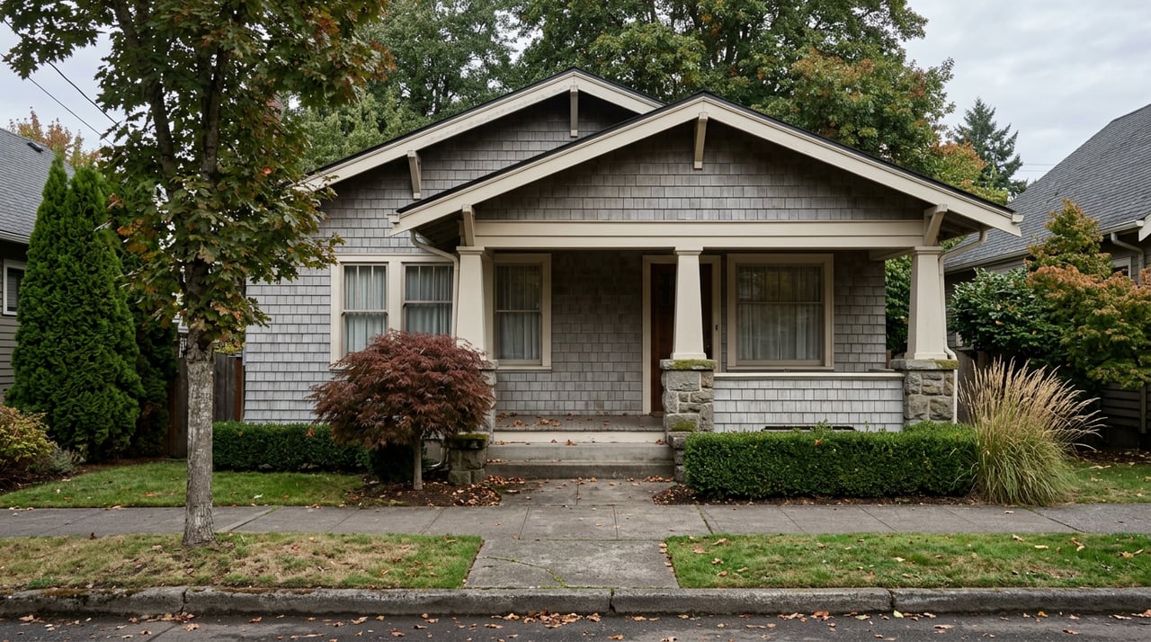 Weathered grey craftsman bungalow with a deep porch, stone piers, red Japanese maple, and mature street trees.