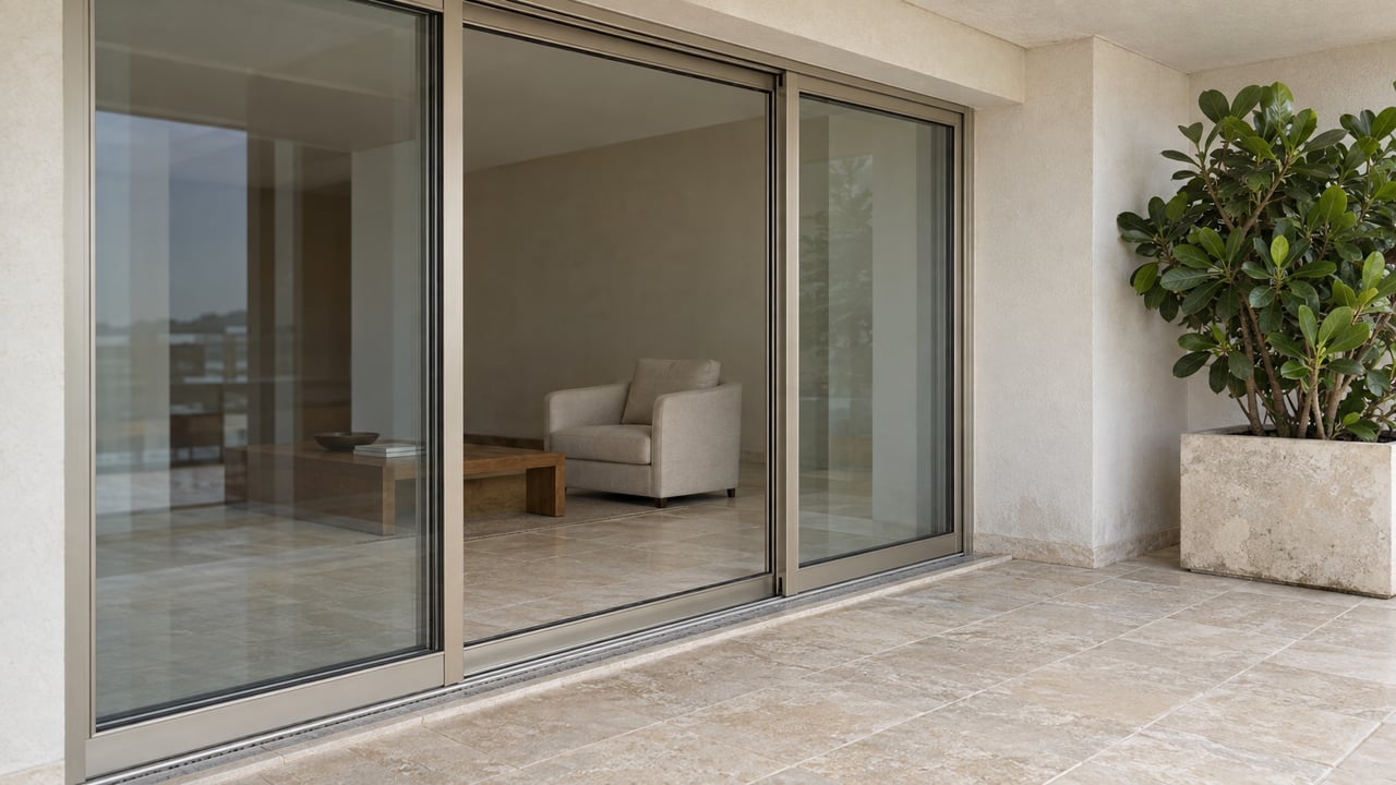 Covered condominium terrace with pale limestone paving, closed glass sliders, warm aluminum frames, and one sculptural planted container.