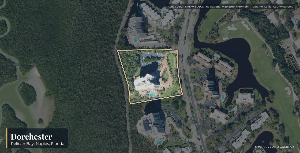 Aerial view of Dorchester at Pelican Bay, Naples, Florida, with its parcels outlined