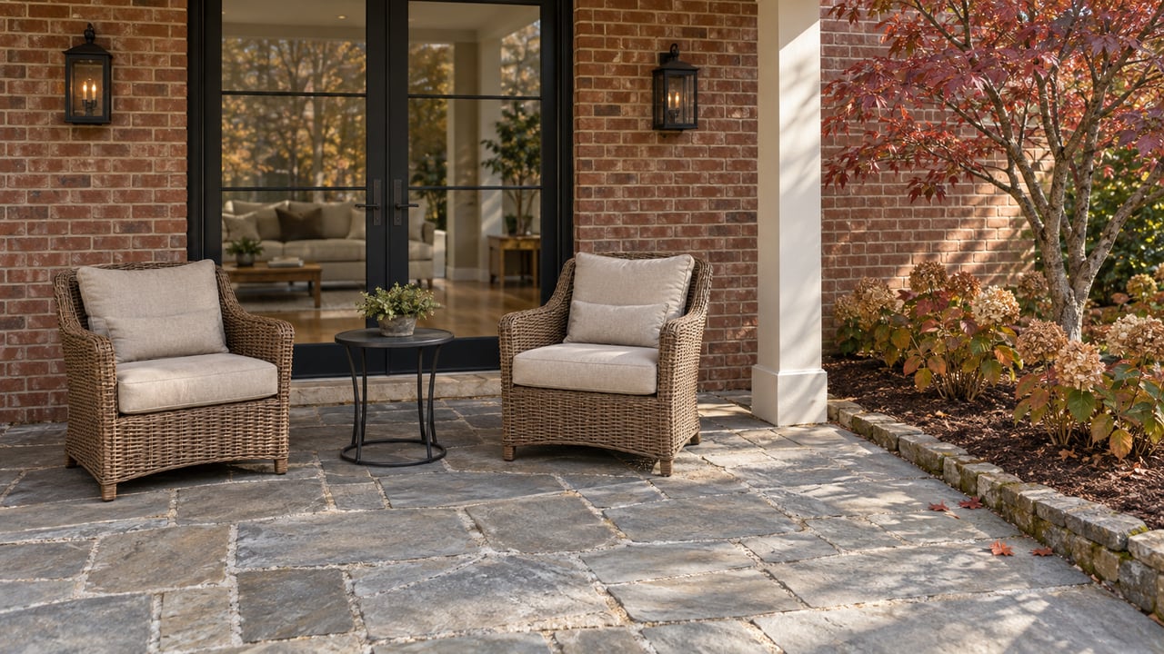 Brick home's covered stone patio with woven chairs, glazed double doors and burgundy autumn dogwood foliage.