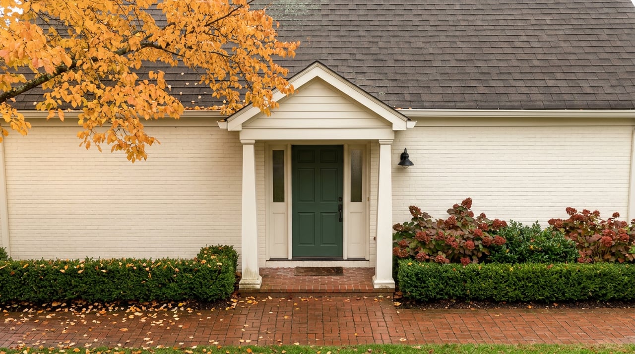 Creamy white brick home with a deep-green door, brick walk, clipped hedge, and golden fall leaves.