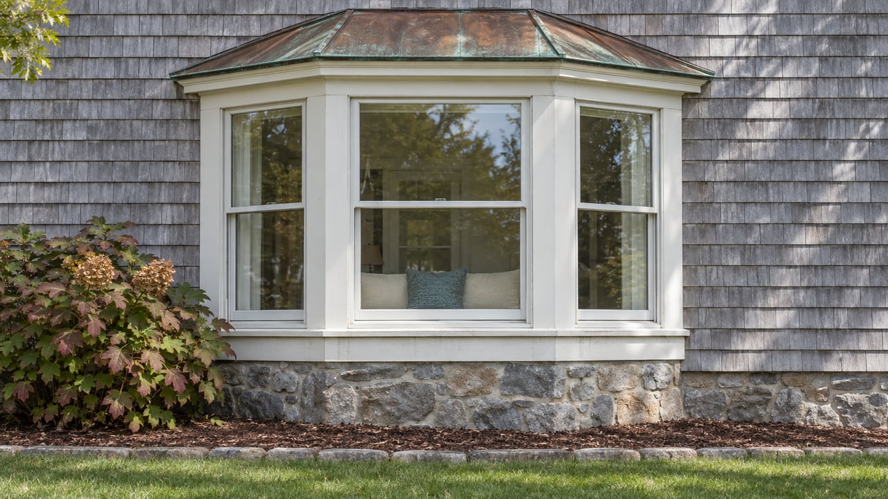 A white-trimmed bay window projects from a pale cedar-shingled home above a fieldstone foundation and oakleaf hydrangea.