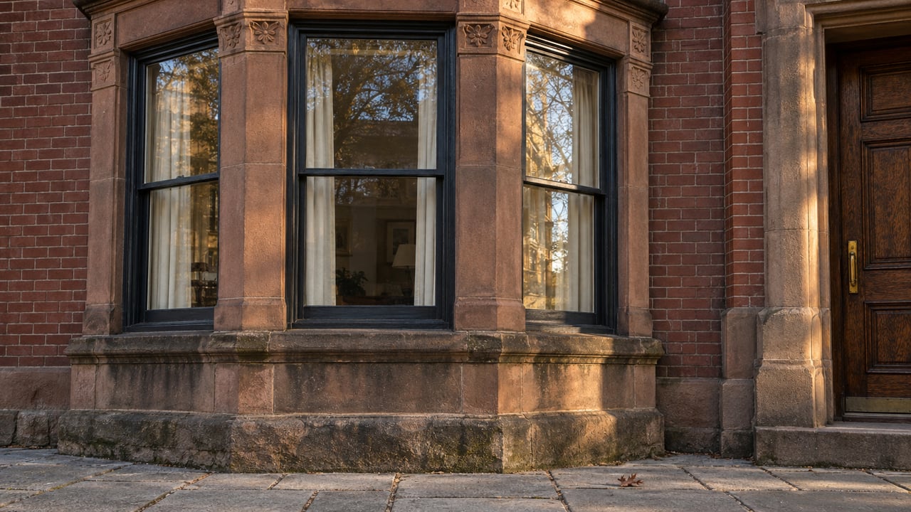 Low afternoon light grazes a red-brick home's sandstone window bay, black timber sash and worn granite paving.