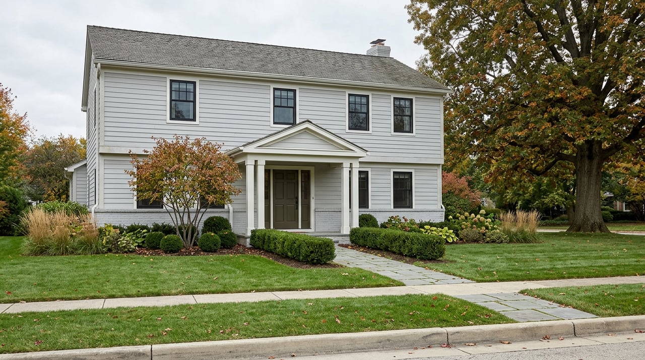 Two-story dove-gray Colonial home with a bronze-green door, redbud tree, clipped hedges, and broad front lawn.