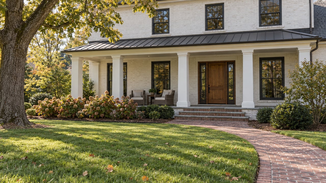 Painted-brick traditional home with an oak front door, deep stone-paved porch, broad lawn and mature white oak in morning light.