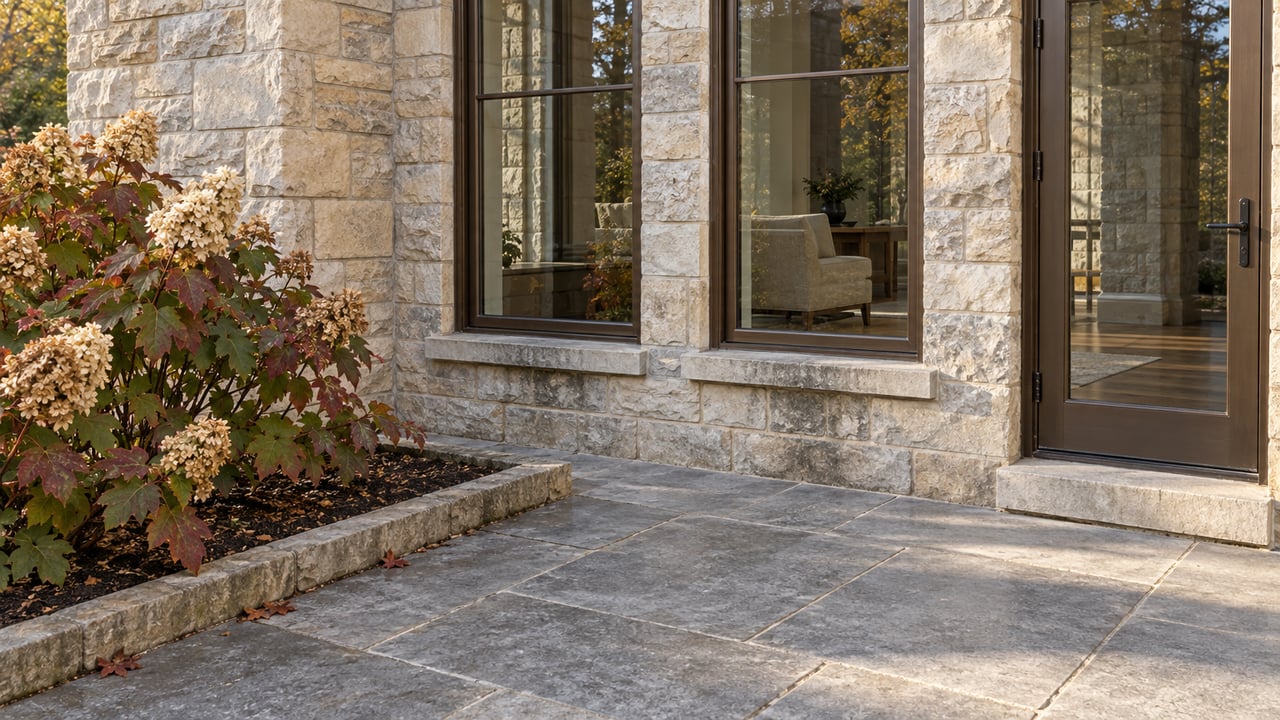 Morning light on a limestone home's bronze-framed windows and glazed terrace door, beside an oakleaf hydrangea and stone paving.