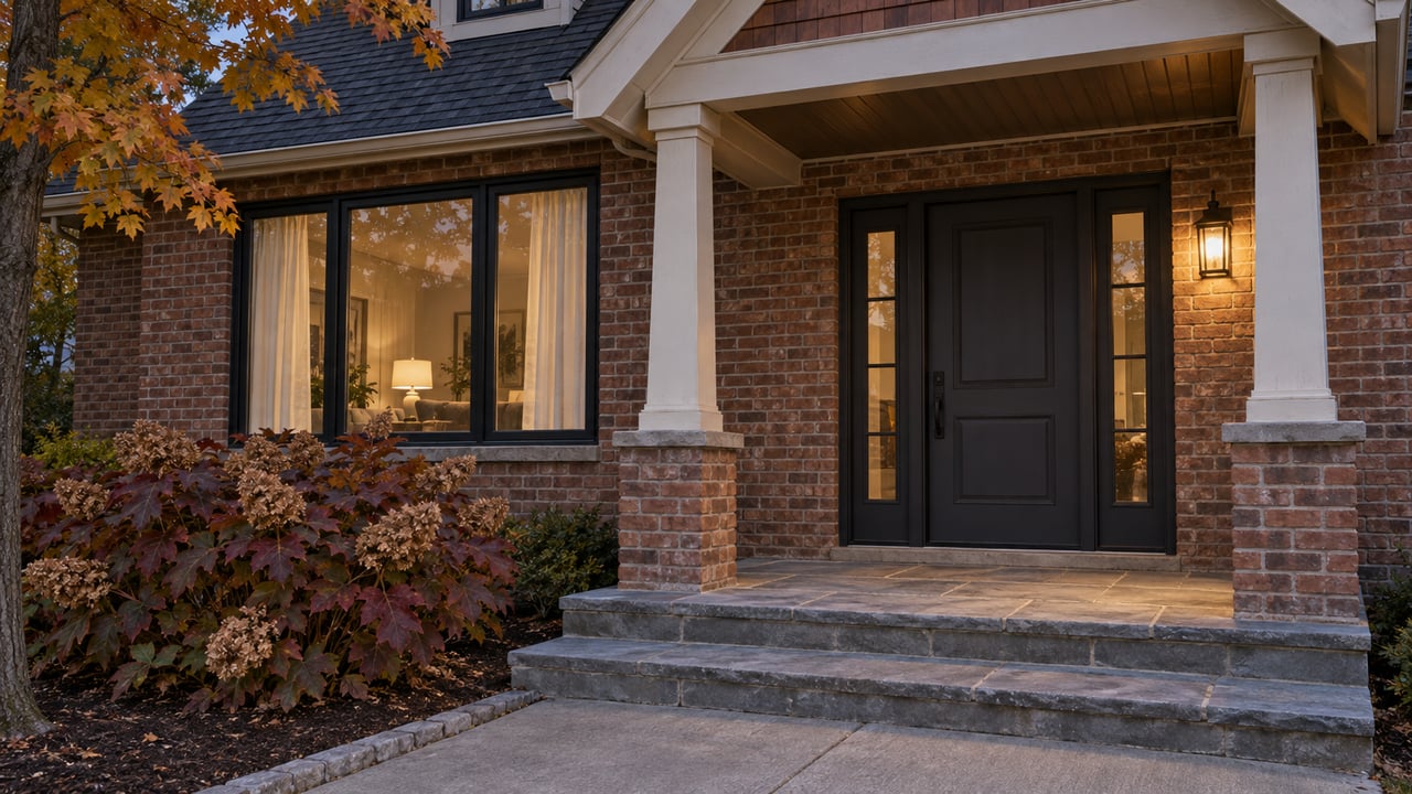 An established brick home's covered entry at dusk, with warm light behind black-framed windows, bluestone steps and autumn foliage.