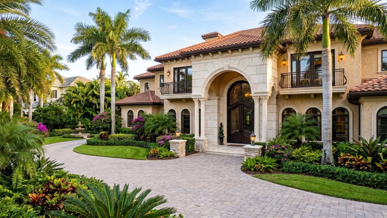 Luxury Sarasota home exterior West of the Trail with tropical trees and a wide paved driveway.
