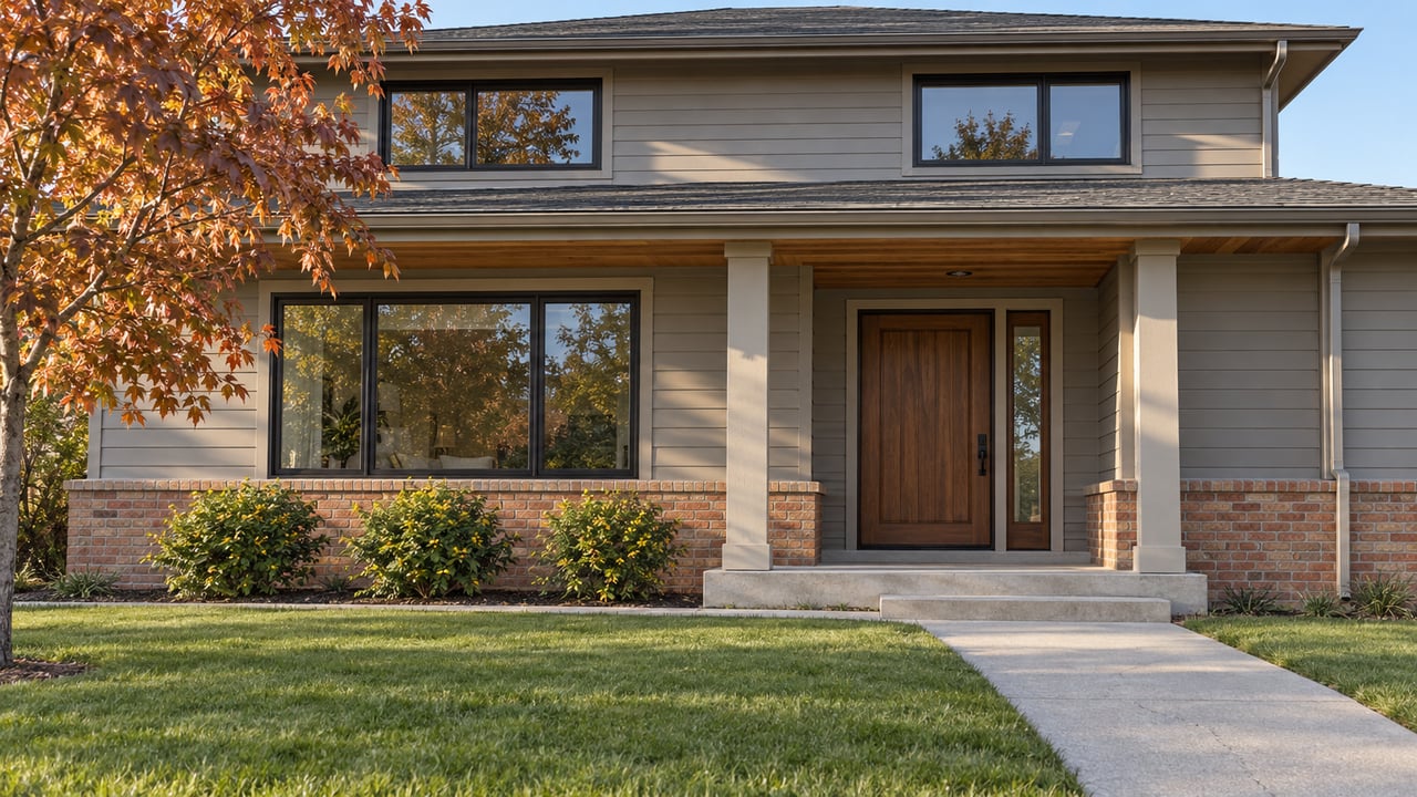 Renovated two-story home with gray siding, a brick base, covered cedar-soffit porch, and autumn planting beside a deep front lawn.