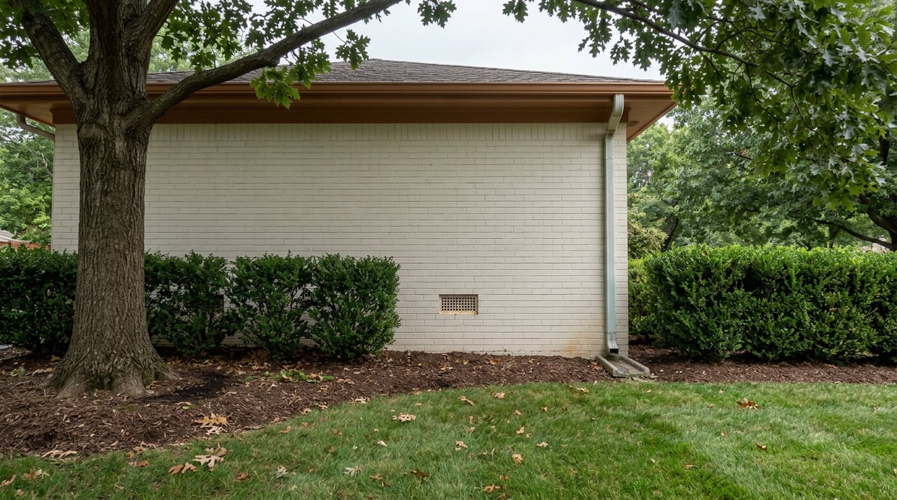 Off-white brick foundation with a downspout beside a mature willow oak, inkberry hedge, and mulched planting bed.