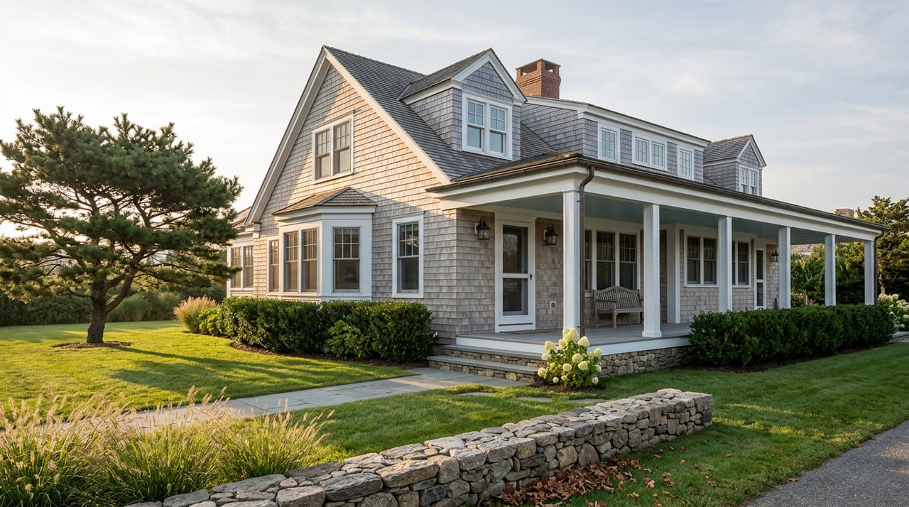 Shingle-style coastal home with a wraparound porch, fieldstone wall, flowering hydrangea, and wind-shaped pine.