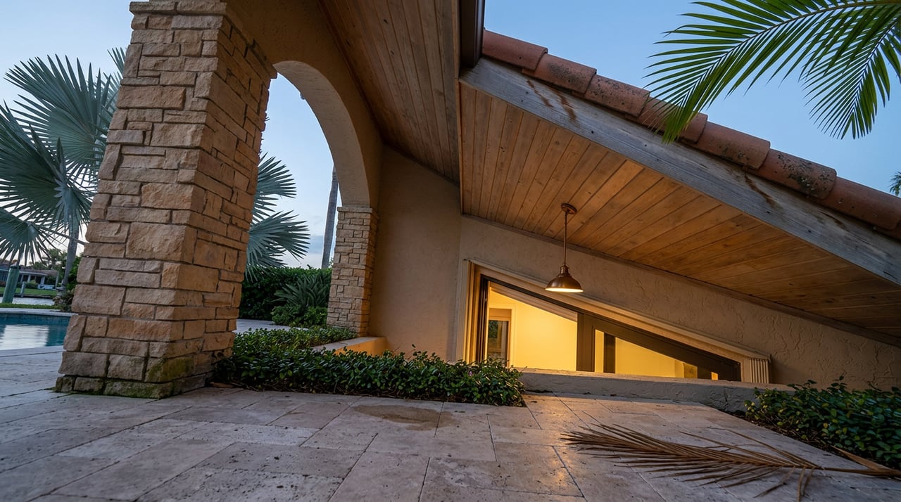 Stone-columned lanai arch beneath a wood ceiling, with dusk sky and pool water beyond.