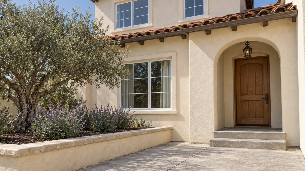 Cream stucco home with a recessed arched oak entry, terracotta roof tiles and a silver-leaved olive tree beside the concrete approach.