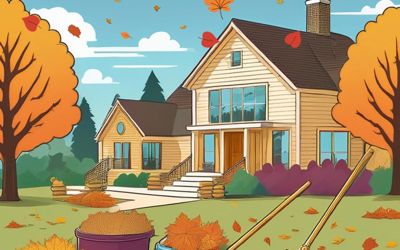 Illustrated two-story house amid autumn leaves, with a filled yard waste bin and rakes.