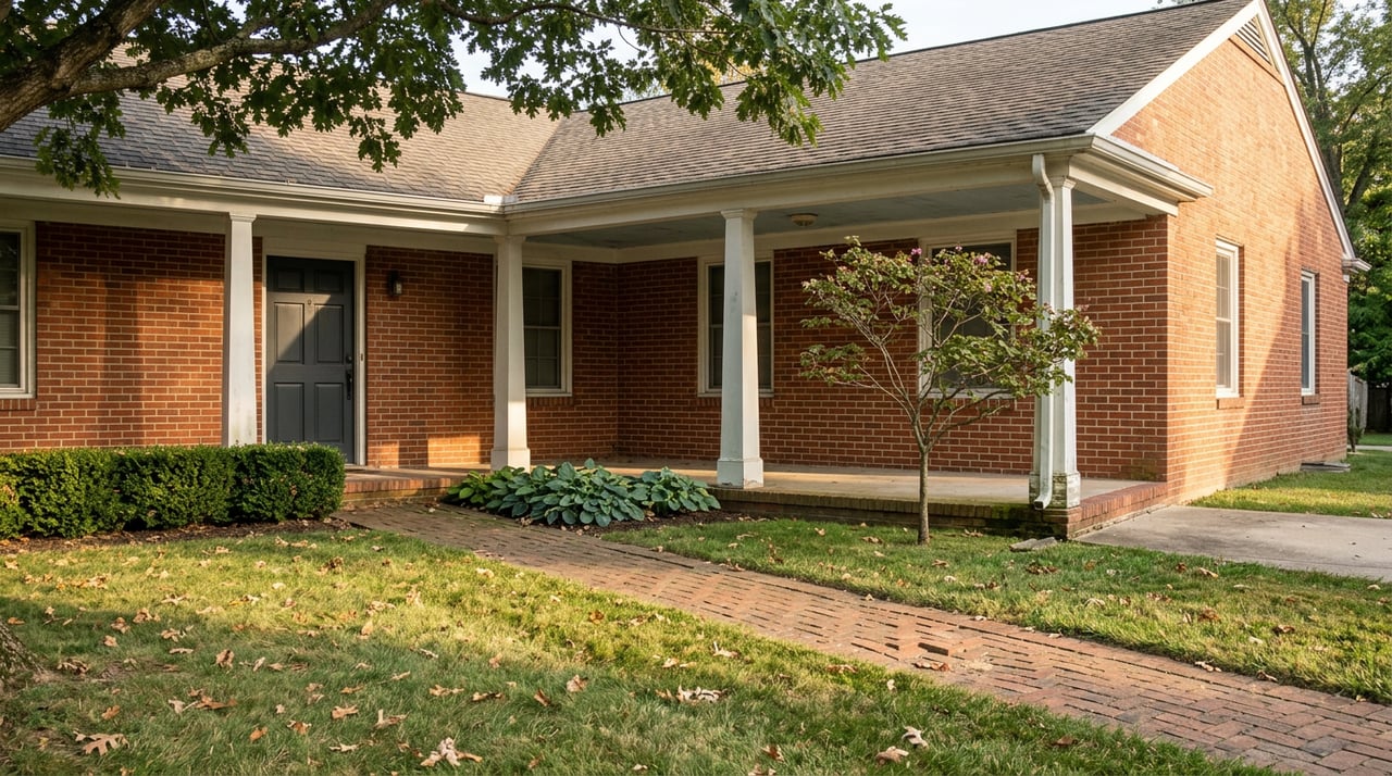 Brick ranch home with a covered porch, brick walkway, redbud tree, and fallen oak leaves across the lawn.
