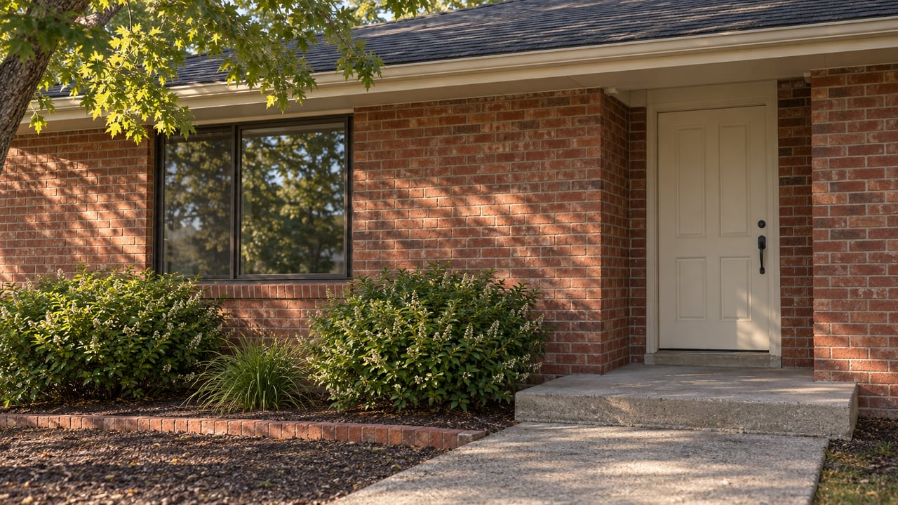 Red-brick ranch entry with an ivory door, dark-framed window, concrete steps, and oak canopy.