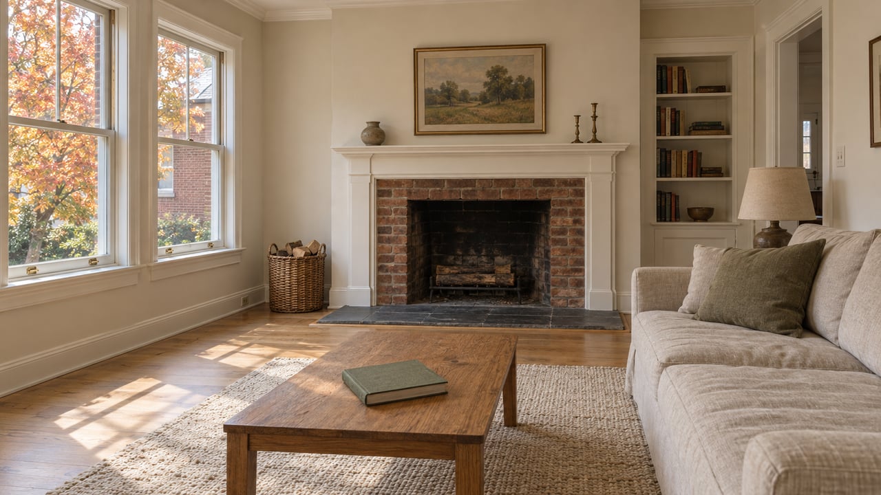 Sunlit living room with pale oak floors, a red-brick fireplace and a linen sofa beside timber sash windows.